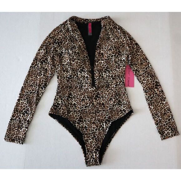 Betsey Johnson Women's Sz M Leopard Print L/S Scuba Zip-Up 1-Piece Swimsuit - Picture 10 of 10